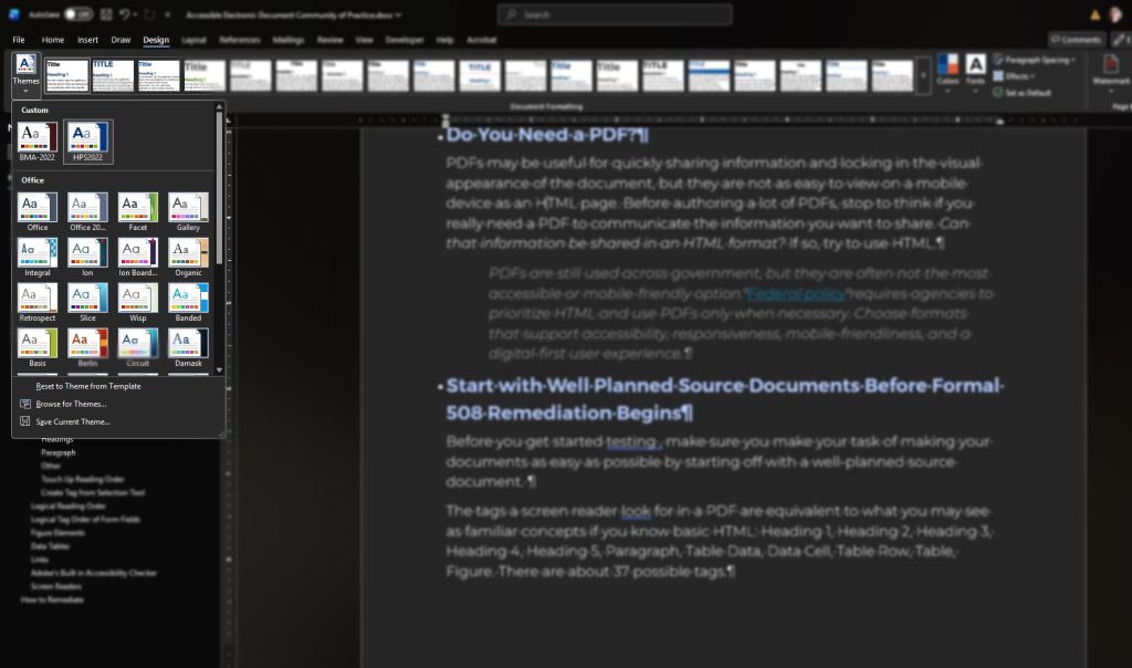 Themes Pane expanded in Microsoft Word